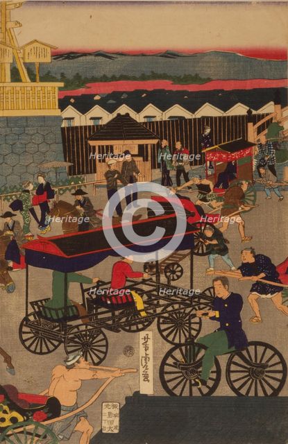 Flourishing Nihonbashi section of Tokyo. (Tokyo Nihonbashi han ei no zu) Triptych. Artist: Yoshitora, Utagawa (active 1850-1880)
