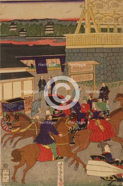 Flourishing Nihonbashi section of Tokyo. (Tokyo Nihonbashi han ei no zu) Triptych. Artist: Yoshitora, Utagawa (active 1850-1880)