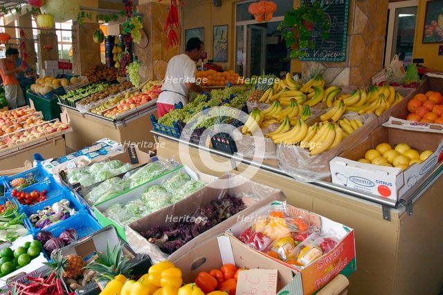 Fruit and vagetable stall, Argostoli, Kefalonia, Greece. Creator: Peter Thompson.