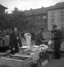 Fruit and vegetable stall in the market, Malmö, Sweden, 1947. Creator: Otto Ohm
