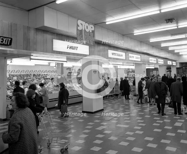 Fruit and veg counter and cold counter, ASDA supermarket, Rotherham, South Yorkshire, 1969. Creator: Michael Walters.
