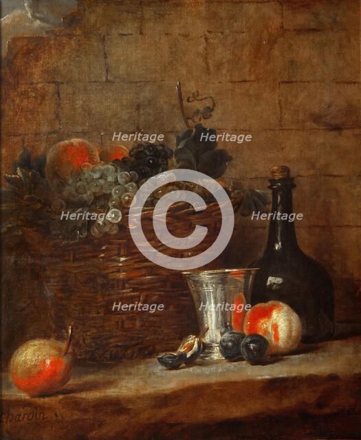 Fruit Basket with Grapes, a Silver Goblet and a Bottle, Peaches, Plums, and a Pear. Artist: Chardin, Jean-Baptiste Siméon (1699-1779)