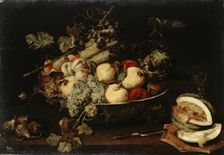 Fruit in a Bowl and a Sliced Melon, 1650. Creator: Frans Snyders