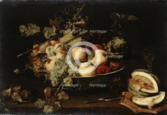Fruit in a Bowl and a Sliced Melon, 1650. Creator: Frans Snyders.