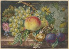 Fruit scene, a basket with grapes and peaches, including a nut and two plums. Creator: Oswald Wijnen