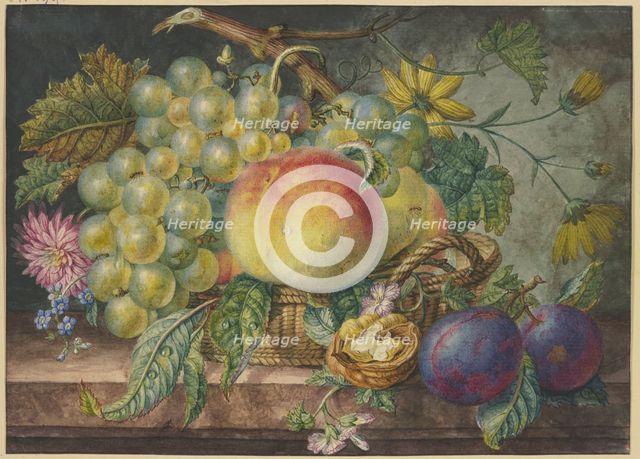 Fruit scene, a basket with grapes and peaches, including a nut and two plums. Creator: Oswald Wijnen.