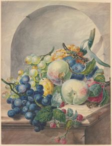 Fruit scene in a niche on a marble table, plums, peaches, grapes, and blackberries. Creator: Paul Theodor van Brussel