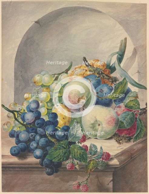 Fruit scene in a niche on a marble table, plums, peaches, grapes, and blackberries. Creator: Paul Theodor van Brussel.