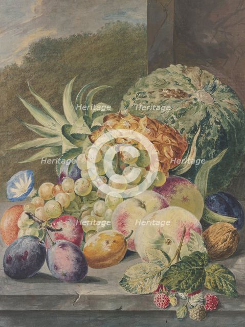Fruit scene, melon, pineapple, grapes, peaches, plums, nuts. Creator: Paul Theodor van Brussel.