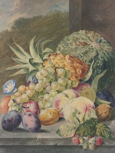 Fruit scene, melon, pineapple, grapes, peaches, plums, nuts. Creator: Paul Theodor van Brussel