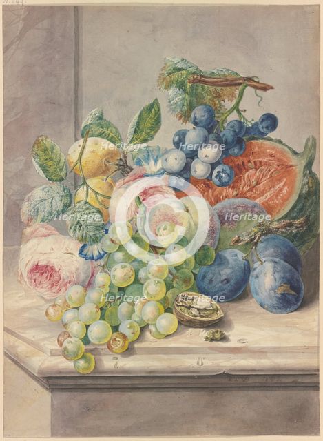 Fruit scene with a cut melon and two roses, grapes, peaches, plums, and a walnut, 1782. Creator: Paul Theodor van Brussel.