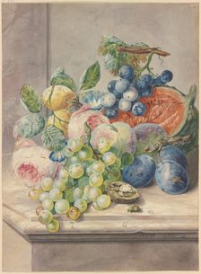 Fruit scene with a cut melon and two roses, grapes, peaches, plums, and a walnut, 1782. Creator: Paul Theodor van Brussel
