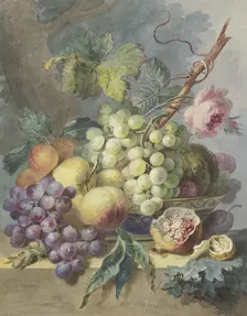 Fruit scene with grapes, peaches, etc, including a rose, 1801. Creator: Willem van Leen
