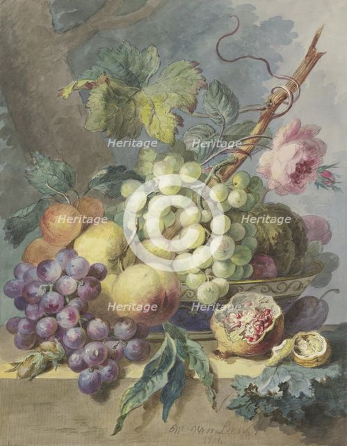 Fruit scene with grapes, peaches, etc, including a rose, 1801. Creator: Willem van Leen.