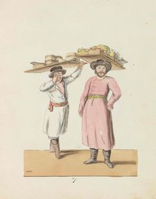 Fruit seller and peasant selling cheese and herring (From the series The St. Petersburg...), 1799. Creator: Geissler, Christian Gottfried Heinrich (1770-1844)