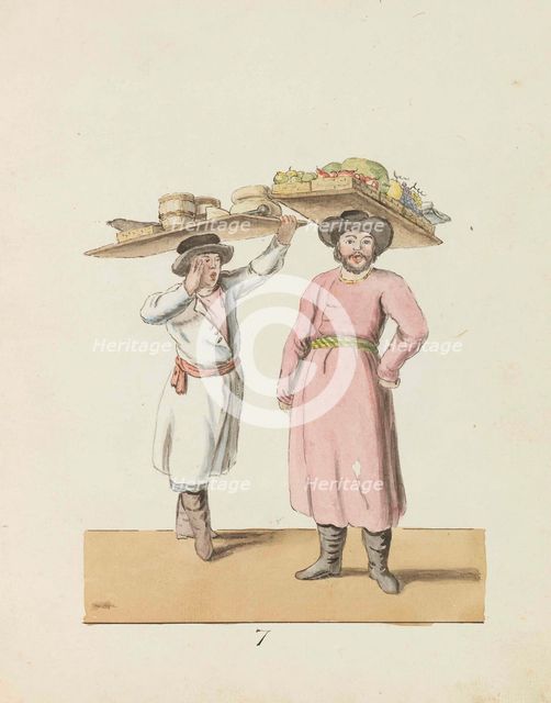 Fruit seller and peasant selling cheese and herring (From the series The St. Petersburg...), 1799. Creator: Geissler, Christian Gottfried Heinrich (1770-1844).