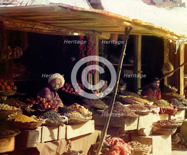 Fruit stand, Samarkand, between 1905 and 1915. Creator: Sergey Mikhaylovich Prokudin-Gorsky.