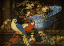 Fruit Still Life with Two Parrots, 1623. Creator: Balthasar van der Ast