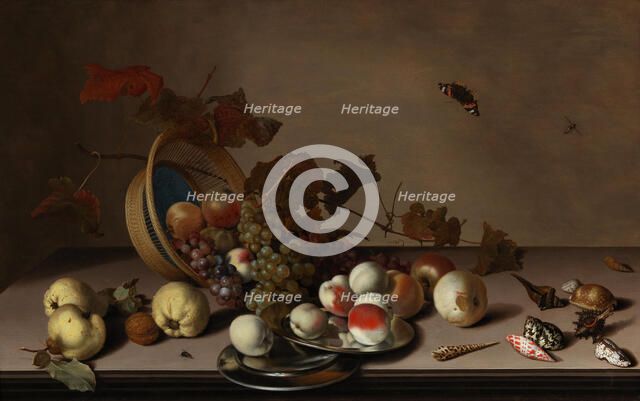 Fruit still life with wicker basket, mussels and butterfly, First Half of 17th cen. Creator: Ast, Balthasar, van der (1593/4-1657).