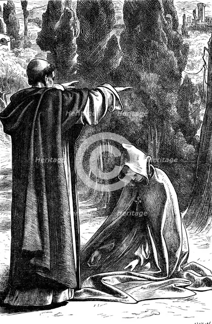 Fra Girolamo commanding Romola not to leave Florence, 1862-1863. Artist: Frederic Leighton