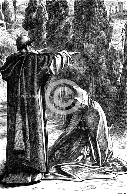 Fra Girolamo commanding Romola not to leave Florence, 1862-1863. Artist: Frederic Leighton