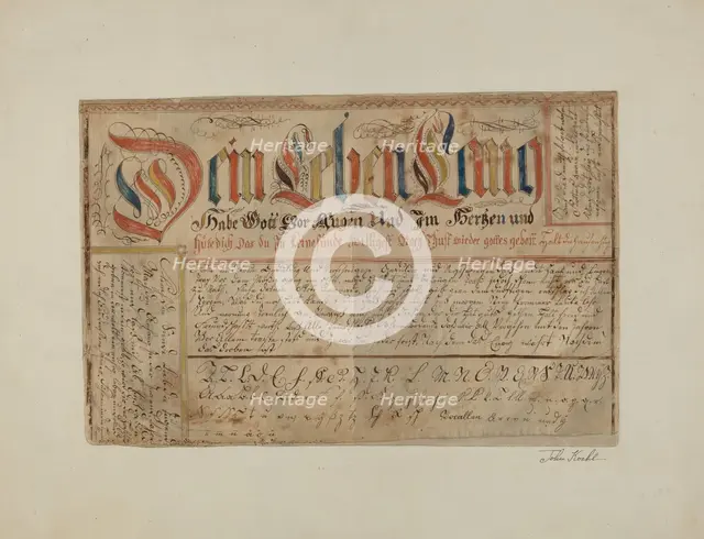 Fractur (Illuminated Writing), c. 1937. Creator:  John Koehl.