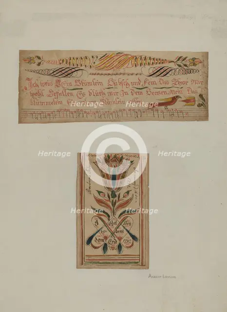 Fractur Paintings (Upper-a Hymn; Lower- Religious Motto), c. 1940. Creator: Albert J. Levone.