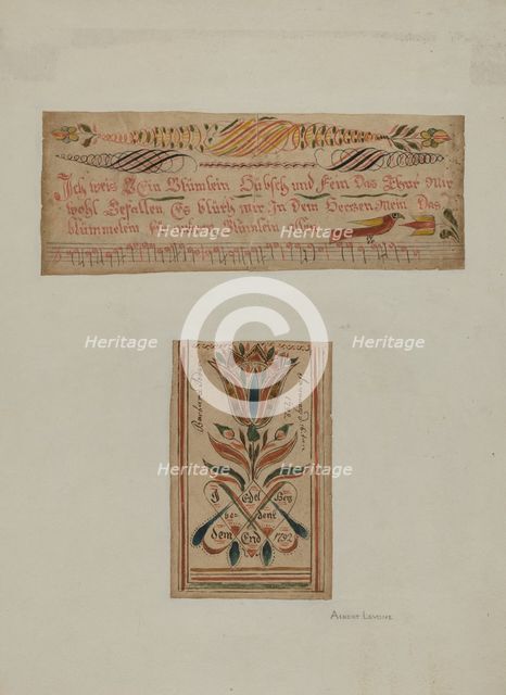 Fractur Paintings (Upper-a Hymn; Lower- Religious Motto), c. 1940. Creator: Albert J. Levone.