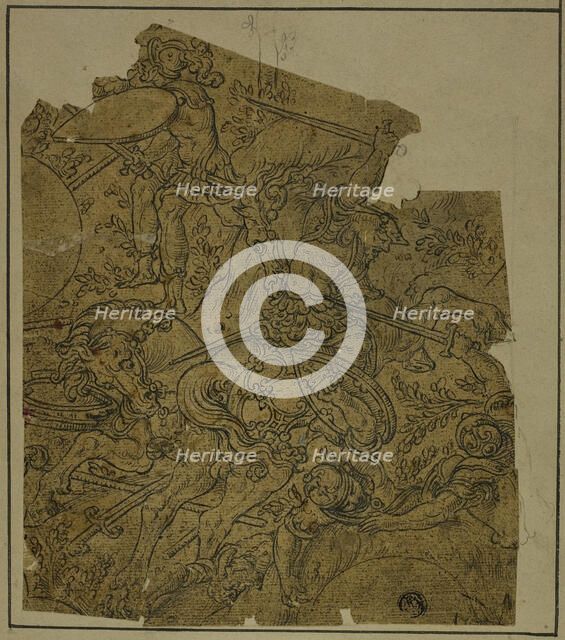 Fragment:  Armed Warriors on Horseback Fighting Foot Soldiers, n.d. Creator: Unknown.