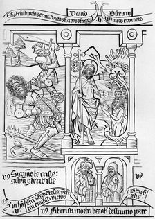 Fragment facsimile of page 28 of the Bible of the Poor, 1849.Artist: A Bisson