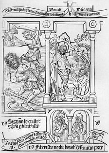 Fragment facsimile of page 28 of the Bible of the Poor, 1849.Artist: A Bisson