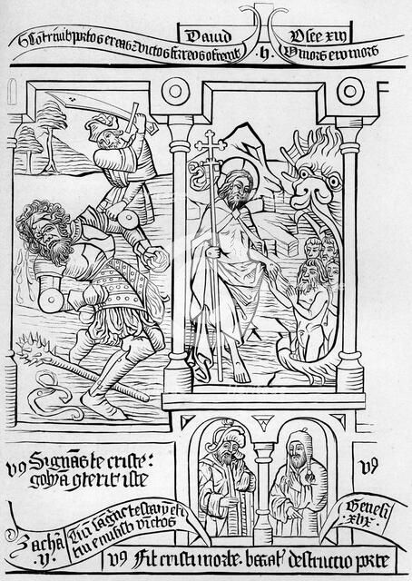 Fragment facsimile of page 28 of the Bible of the Poor, 1849.Artist: A Bisson