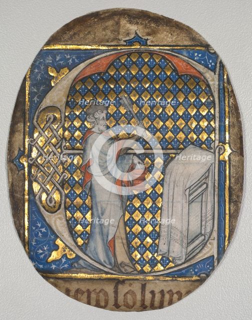 Fragment from a Lectern Bible: Initial E[t fecit Josias] with Josiah Aspersing the Altar, c. 1300. Creator: Master Honoré (French, Paris, active 1288-1318), circle of.