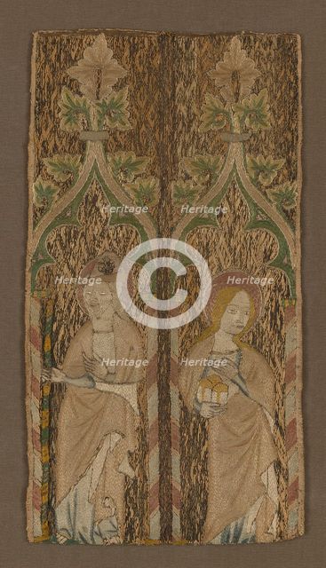 Fragment from an Orphrey Band Showing St. Barbara and St. James, England, 1350/1400. Creator: Unknown.