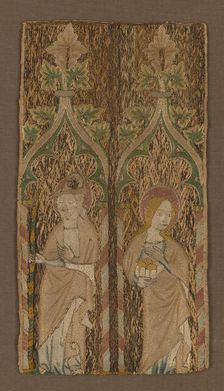 Fragment from an Orphrey Band Showing St. Barbara and St. James, England, 1350/1400. Creator: Unknown