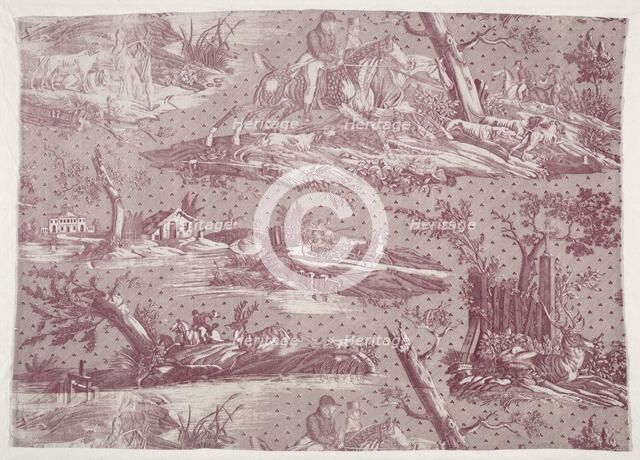 Fragment of Copperplate Printed Cotton with Hunting Scene Design, c. 1815. Creator: Horace Vernet (French, 1789-1863).