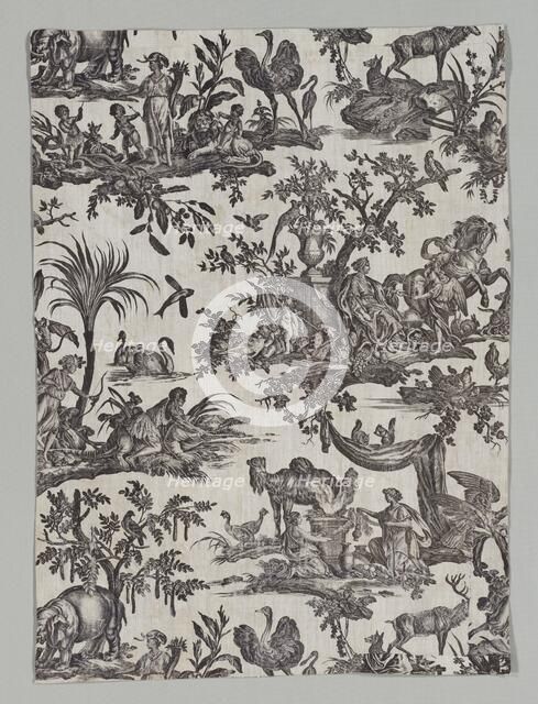 Fragment of Copperplate Printed Cotton with "Les quatres parties du monde" Design, 1788. Creator: Christophe Philippe Oberkampf (French, 1738-1815), firm of ; Jean-Baptiste Marie Hüet (French, 1745-1811).