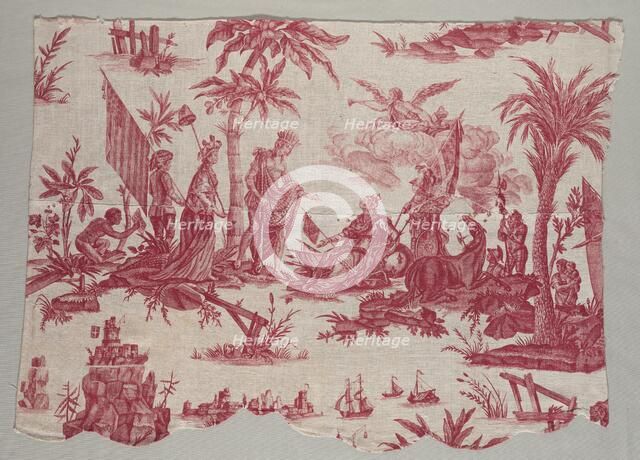 Fragment of Copperplate Printed Linen with "America Doing Homage to France" Design, 1790. Creator: Unknown.
