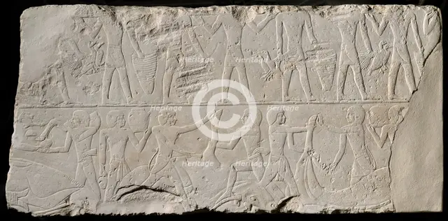 Fragment of a Tomb Wall Depicting Offering Bearers and Butchers, Egypt, Old Kingdom, mid-Dynasty... Creator: Unknown.