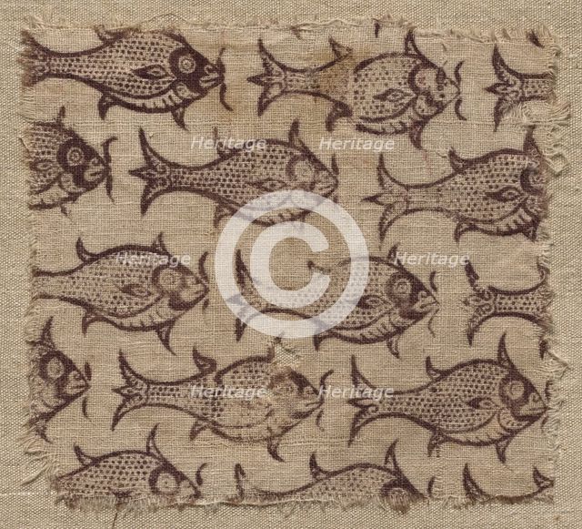 Fragment of a wood-block print on linen, 1200s - 1300s. Creator: Unknown.