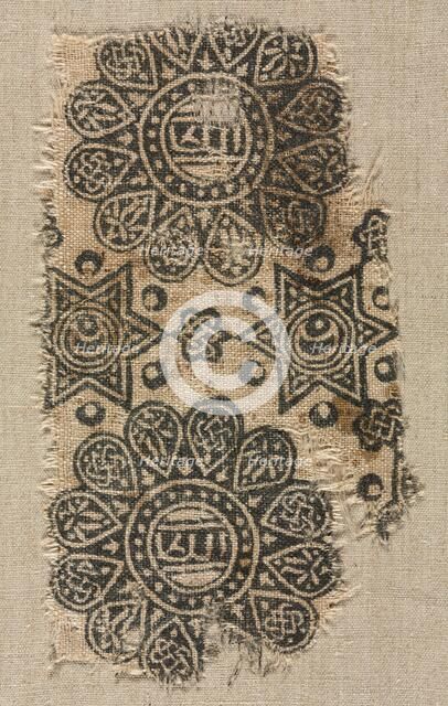 Fragment of a wood-block print on linen, 1200s - 1300s. Creator: Unknown.