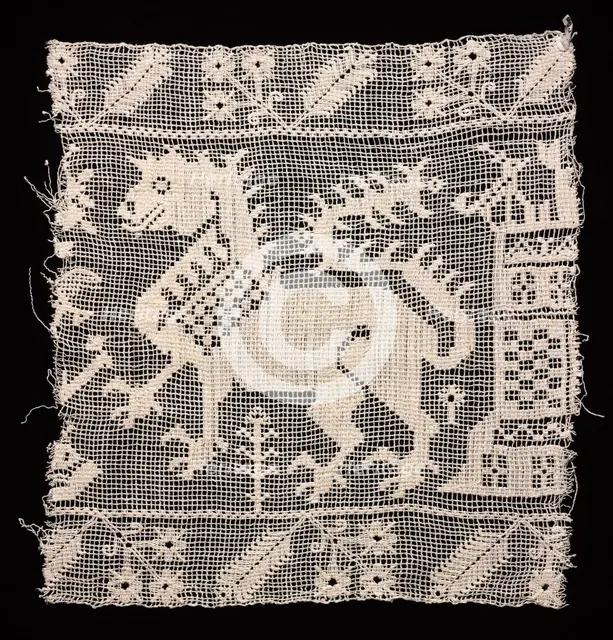 Fragment of a Band with Dragon, Castle, and Vegetation, 1500s. Creator: Unknown.