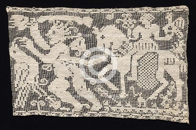 Fragment of a Band with Male Figure Leading Mounted Female Figure with Falcon, 16th-17th cent. Creator: Unknown.