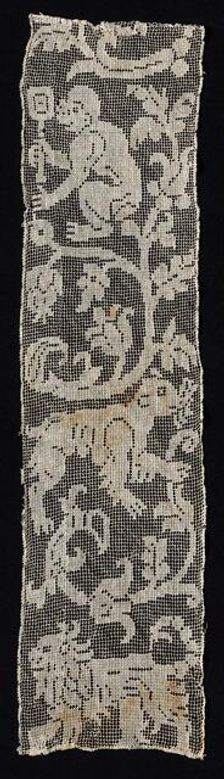 Fragment of a Band with Vines Surrounding a Monkey, Lion, and an Unidentified...Animal, 16th cent. Creator: Unknown