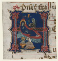 Fragment of a Choir Book with Historiated Initial (H): Birth of the Virgin, 1200s. Creator: Unknown