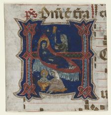 Fragment of a Choir Book with Historiated Initial (H): Birth of the Virgin, 1200s. Creator: Unknown