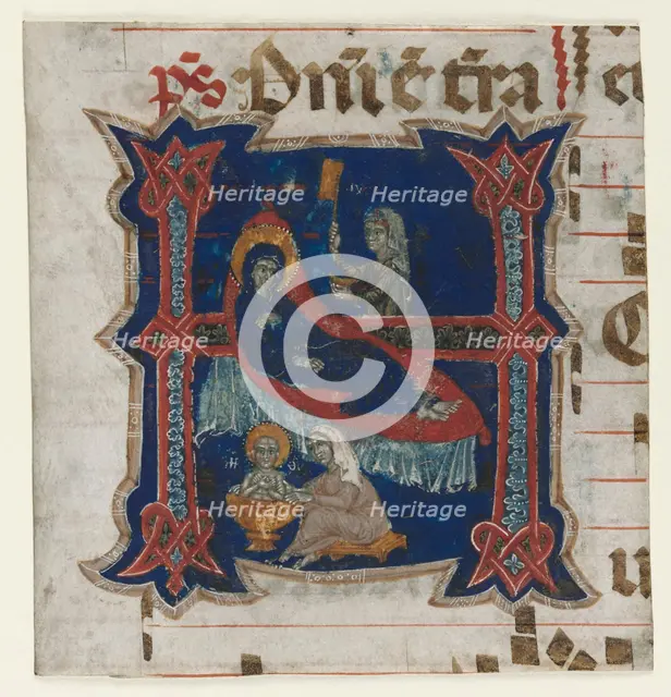 Fragment of a Choir Book with Historiated Initial (H): Birth of the Virgin, 1200s. Creator: Unknown.