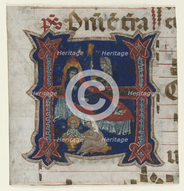 Fragment of a Choir Book with Historiated Initial (H): Birth of the Virgin, 1200s. Creator: Unknown.