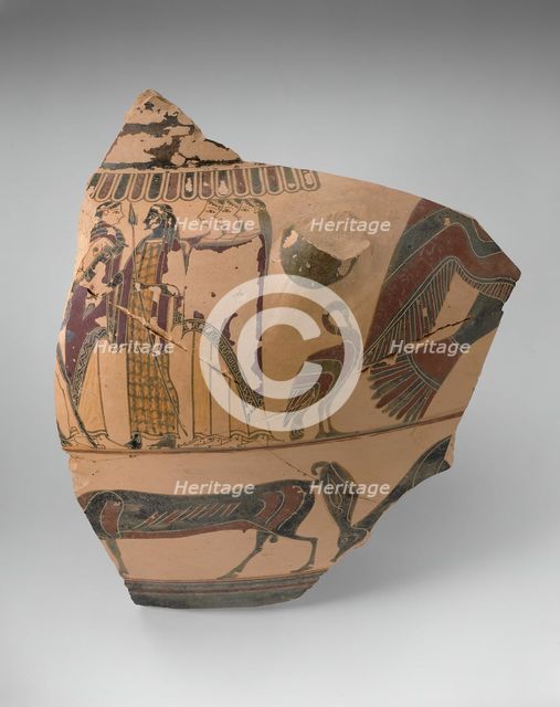 Fragment of a Column Krater (Mixing Bowl), 580-570 BCE. Creator: Cavalcade Painter.