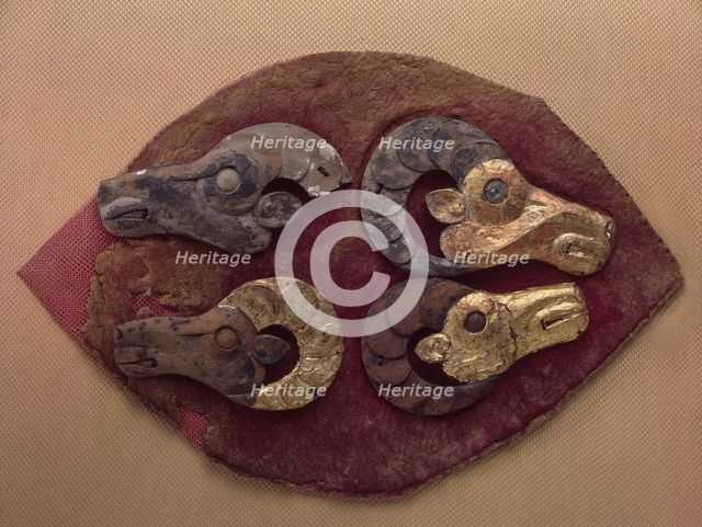Fragment of a Felt Covering for a Saddle, with Mouflons' Heads, 6th century BC. Artist: Ancient Altaian, Pazyryk Burial Mounds  